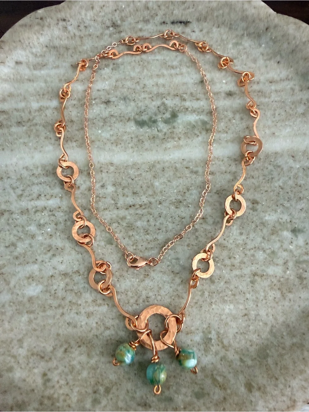 Coastal Style Station Chain Necklace with Green Shell Bead Charms